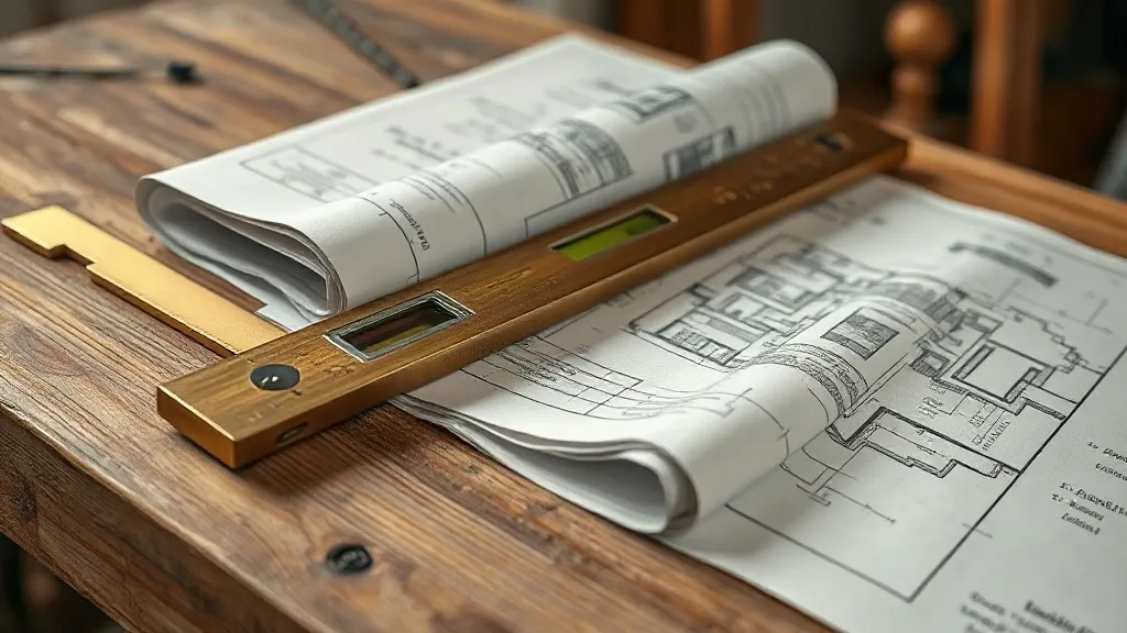 A brass spirit level resting on a worn wooden workbench, lit from one side.