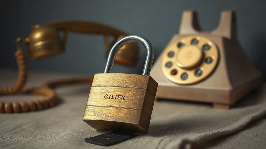 A brass padlock rests open on a bone-coloured desk mat beside an old telephone handset.