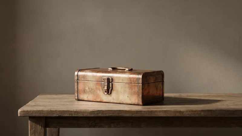 A closed brass toolbox sits centred on a bare wooden table under soft warm light.