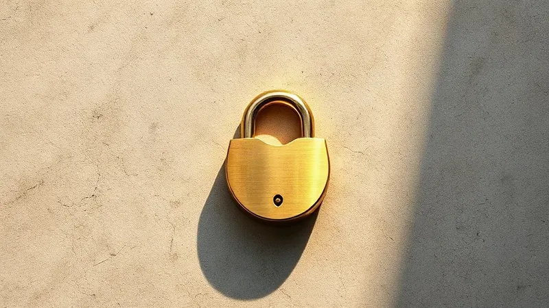 A brass padlock sits closed on a pale stone surface, lit from one side.