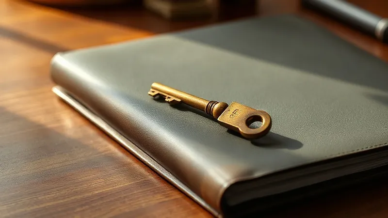 A single brass key resting on a closed leather document folder on a plain desk.