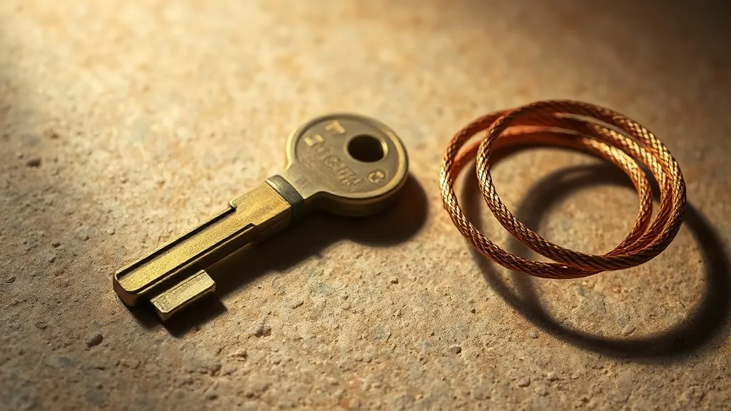 A single brass key resting on a bone-coloured stone ledge beside a coiled length of copper wire.
