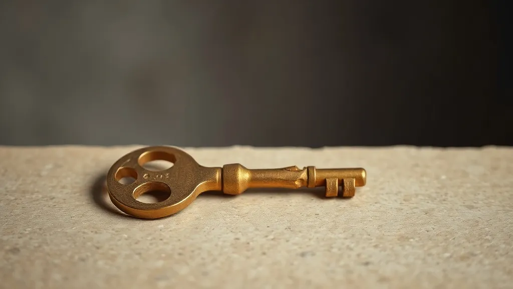 A single brass key resting on a pale stone surface, lit from one side.