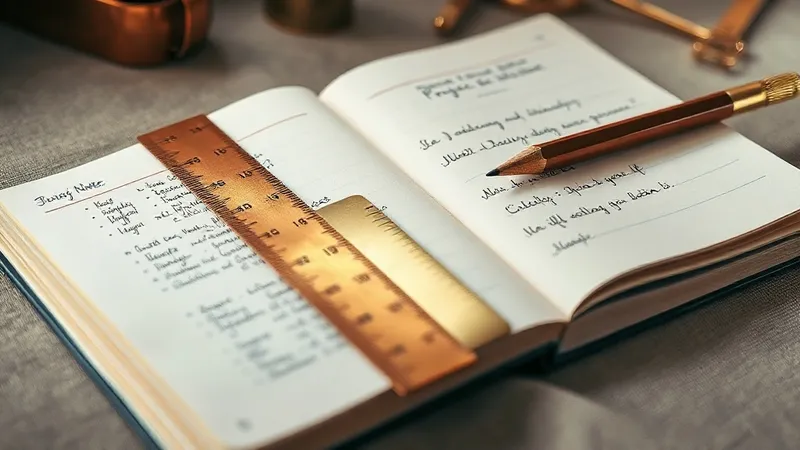A close-up of an open notebook with handwritten project requirements beside a brass ruler and a pencil on a warm grey desk.