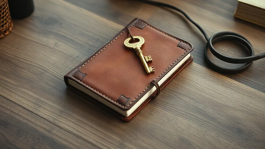 A closed notebook and a set of brass keys resting on a wooden desk beside an unplugged cable.