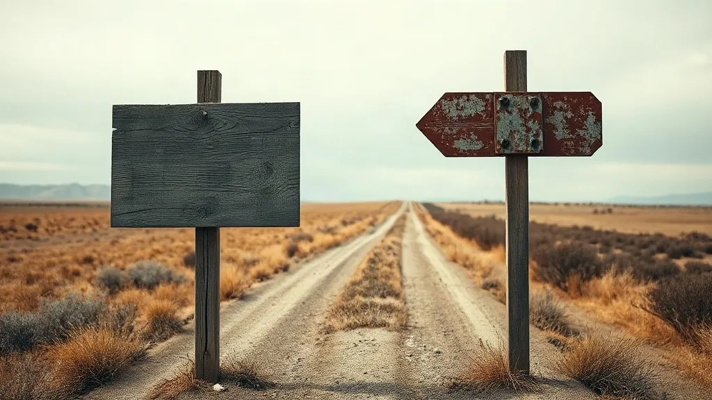 A photograph of two weathered wooden signposts standing apart in dry earth, one holding a blank warped sign and the other bare with only a rusted bracket.