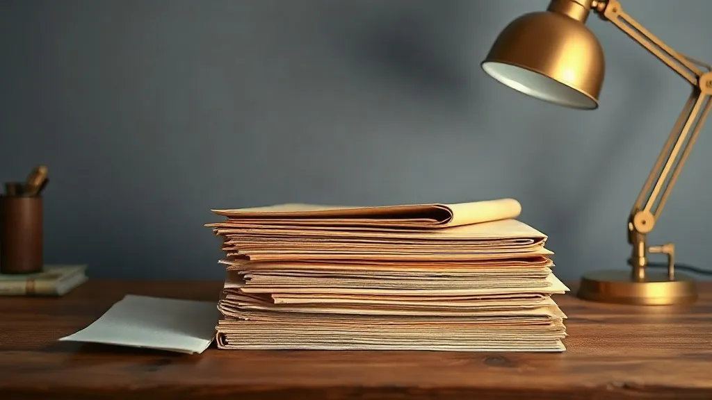 A neat stack of closed paper folders and documents sits on a worn wooden desk beside a closed laptop.
