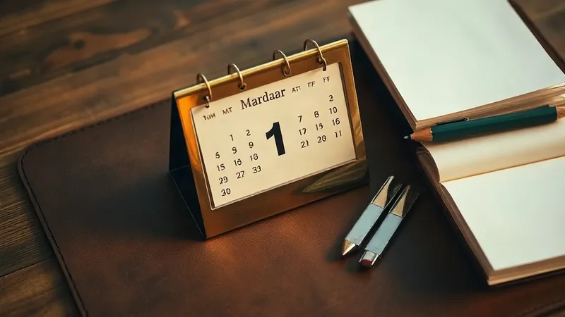 A brass desk calendar lies open beside a neat stack of paper invoices on a worn leather desk mat.