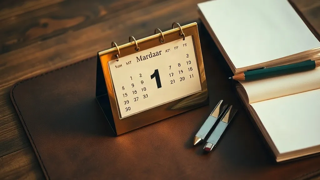 A brass desk calendar lies open beside a neat stack of paper invoices on a worn leather desk mat.