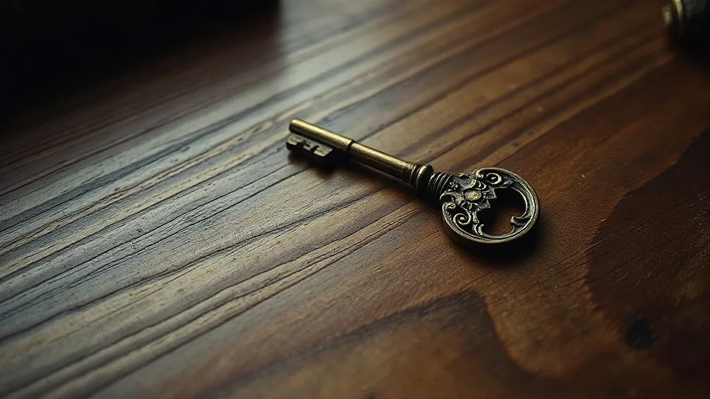 A single brass key resting alone on a bare wooden desk.