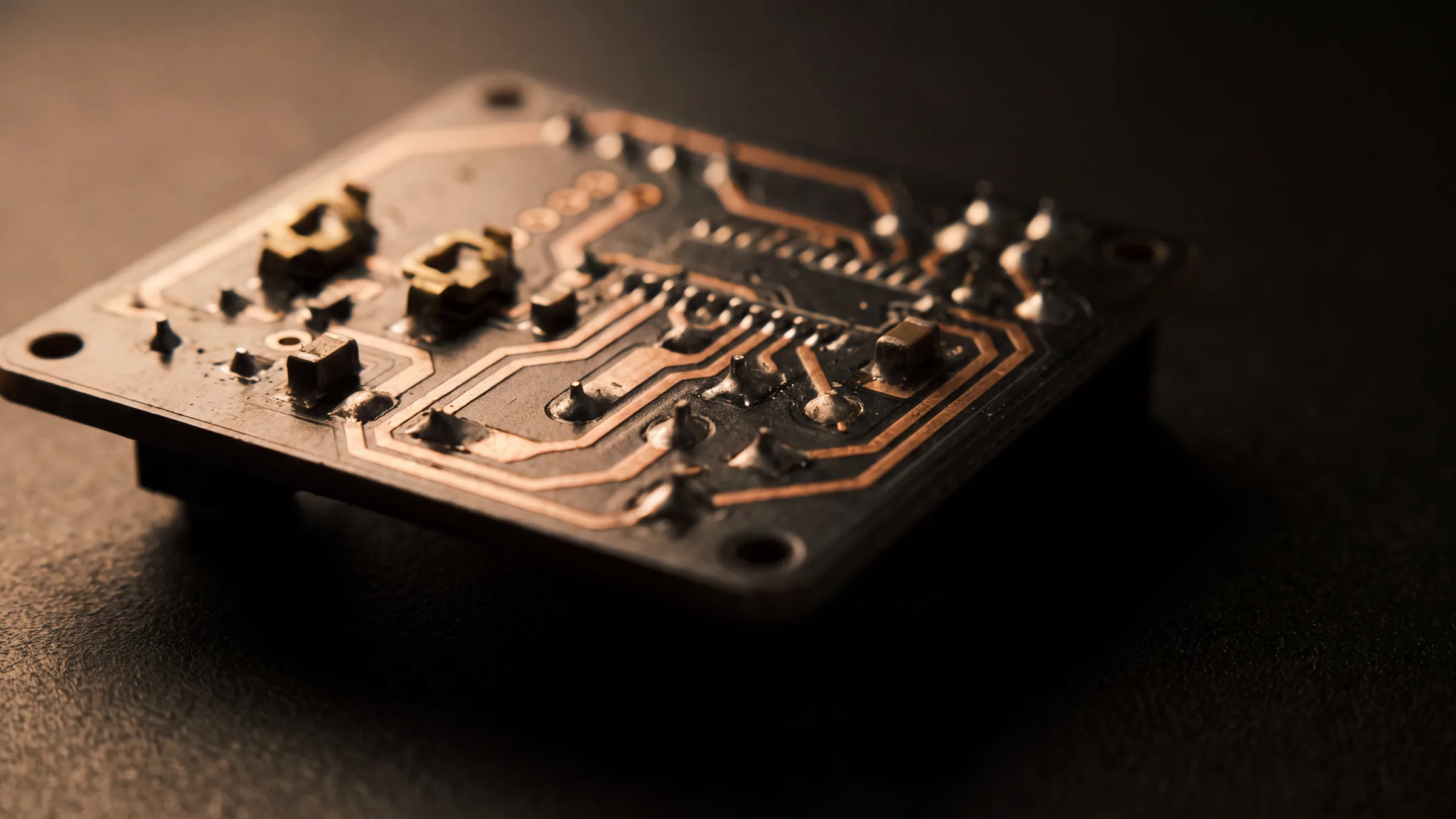 A dark circuit board with copper traces under warm raking light