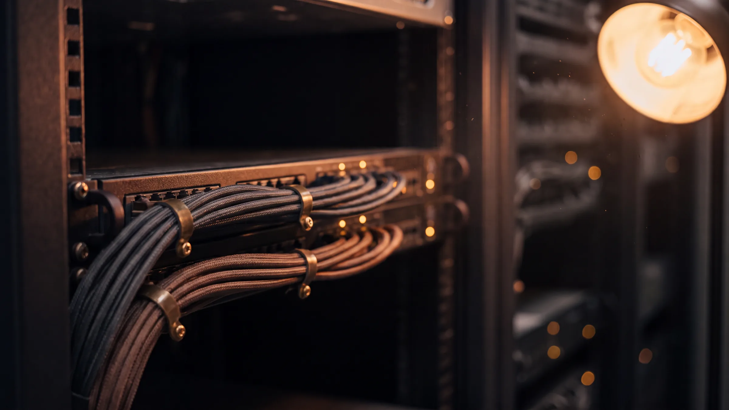 Server hardware detail with cloth sleeved cabling and warm indicator lights