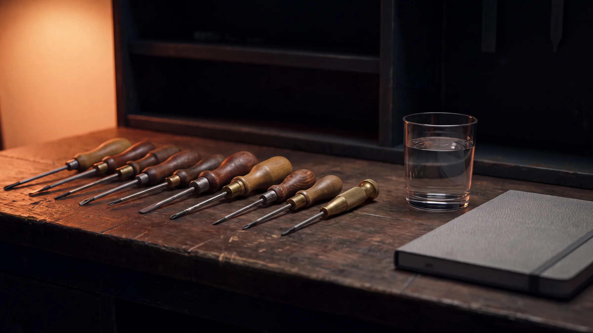 A dark workbench with precision tools and the glow of a screen out of frame