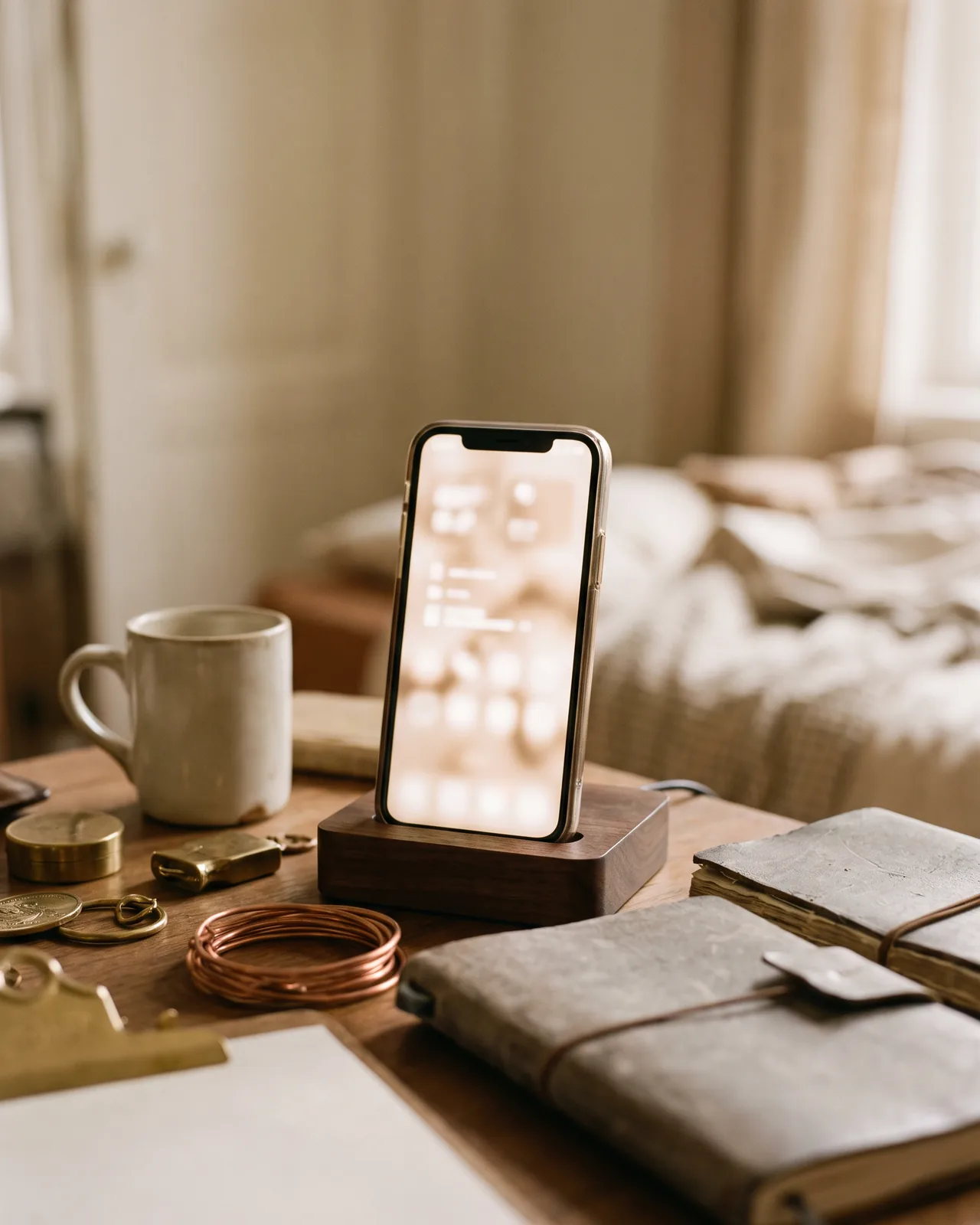 A smartphone in a wooden dock, its screen glowing with a softly unreadable conversation