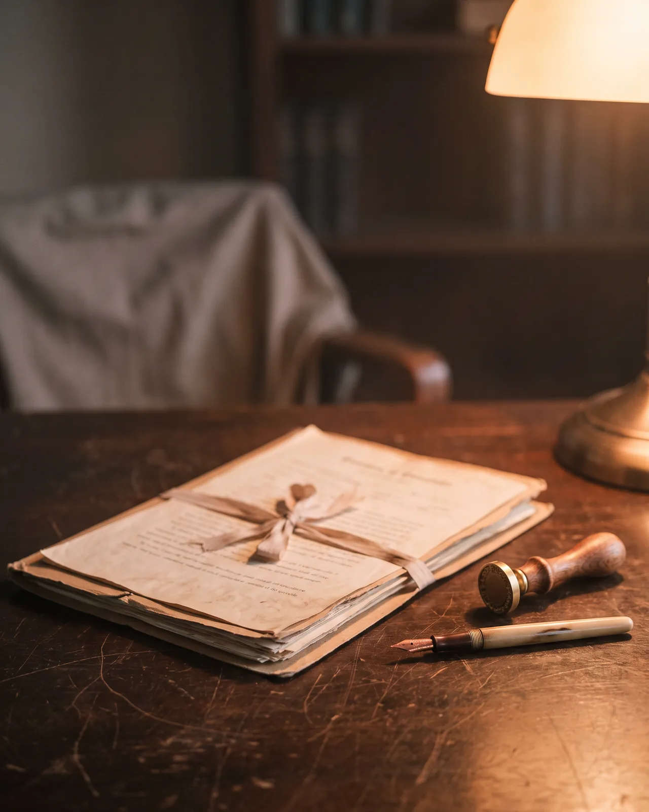 Legal documents with a fountain pen and a brass seal under lamplight