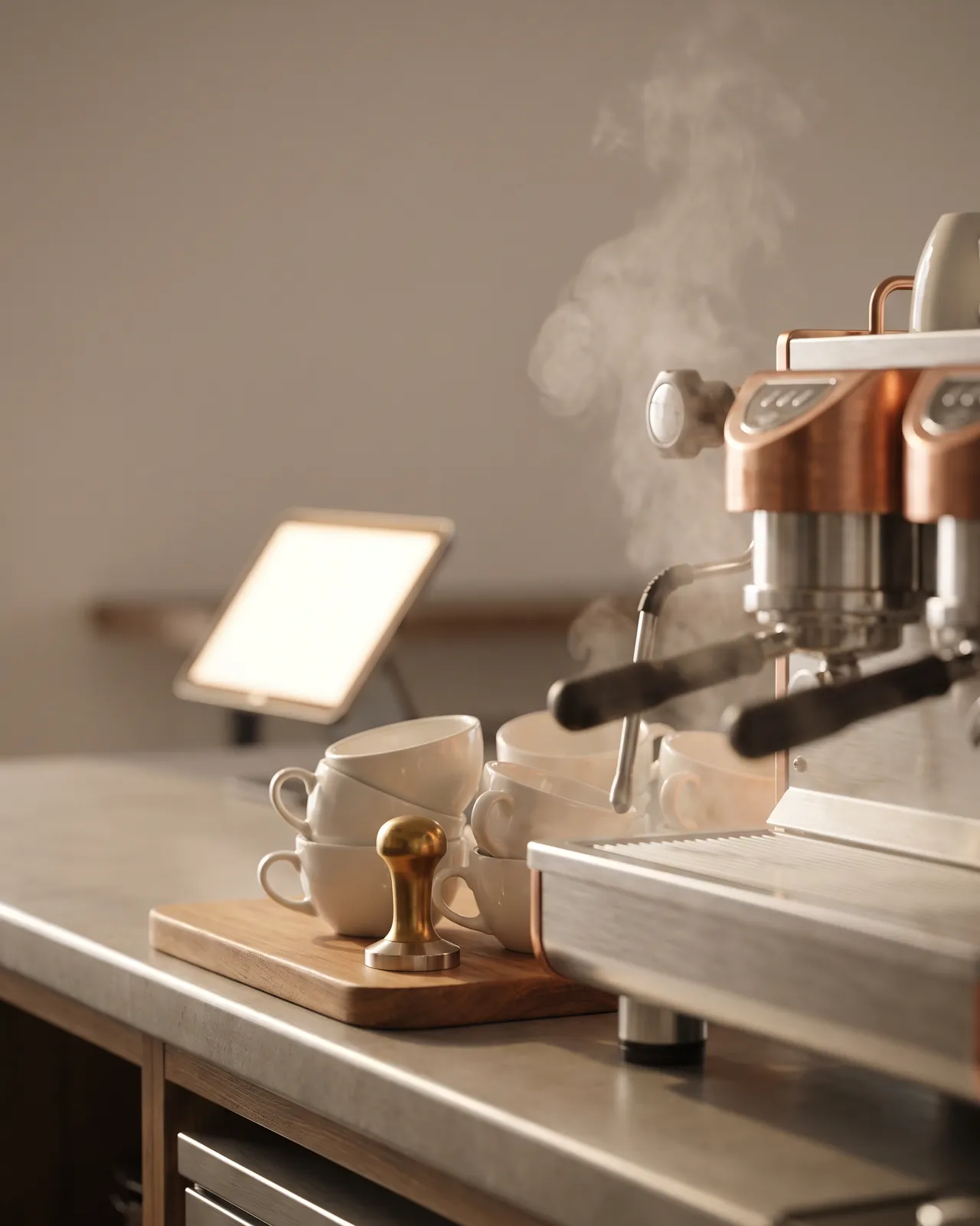 A cafe counter with stacked ceramic cups in warm morning light