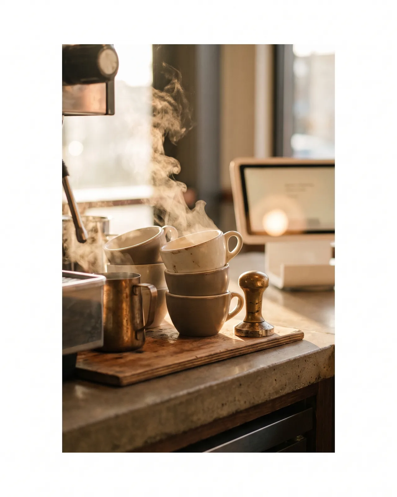 A cafe counter with stacked ceramic cups in warm morning light