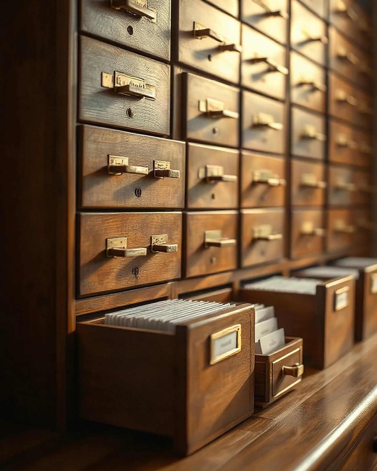 A bank of wooden index drawers with brass label holders, one drawer open on tightly packed record cards