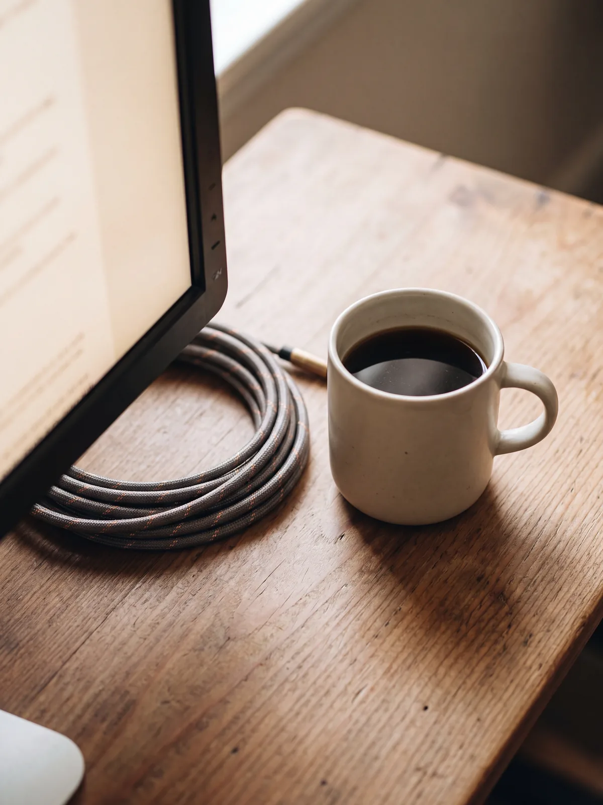 A tall detail of the same desk with one monitor, a coiled cable and a cup of coffee