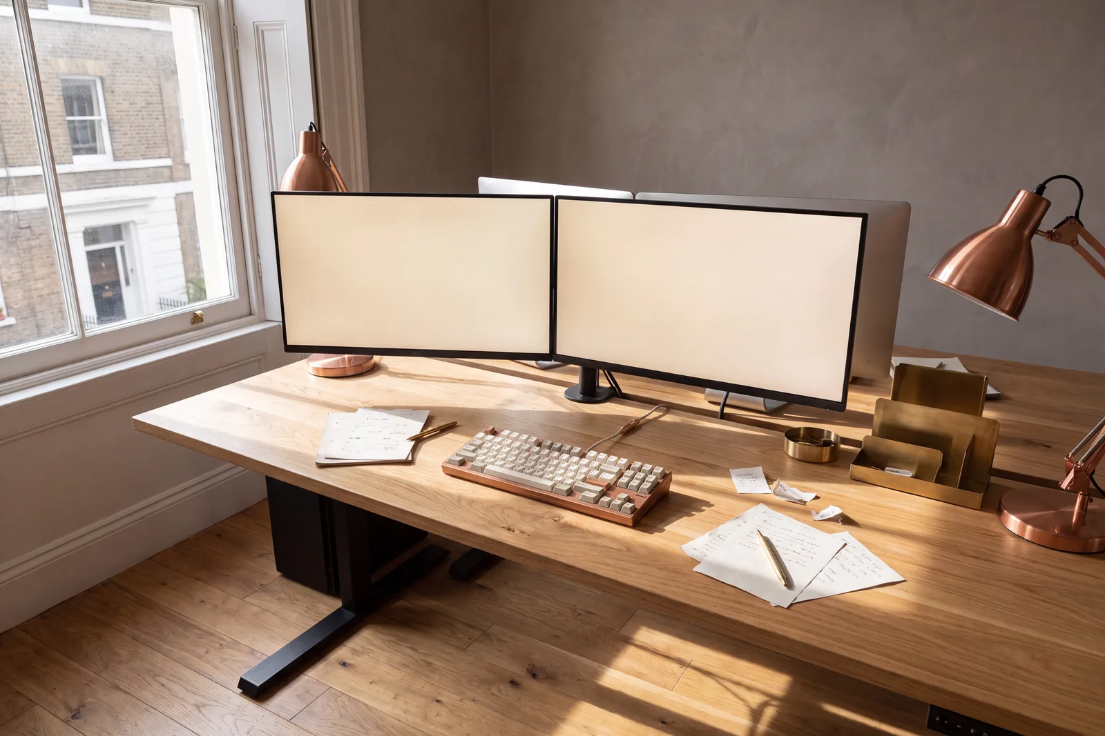 A studio desk in morning daylight with two monitors, a keyboard and paper notes