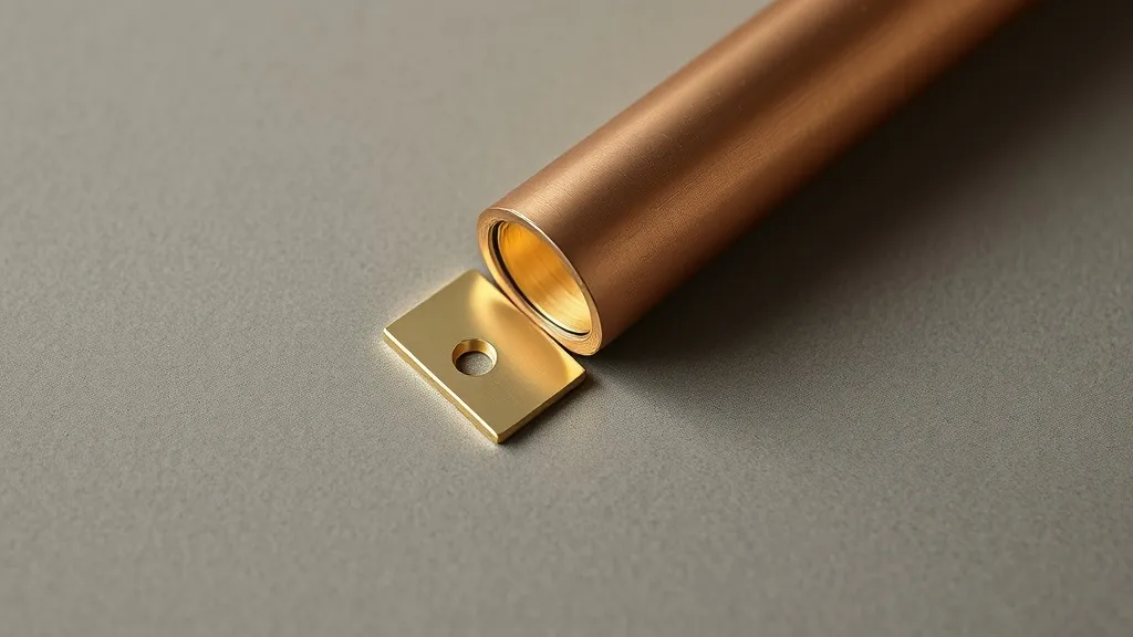 A copper pipe fitting meets a brushed brass plate on a warm grey concrete surface. Soft light from the left casts a long shadow. No people.