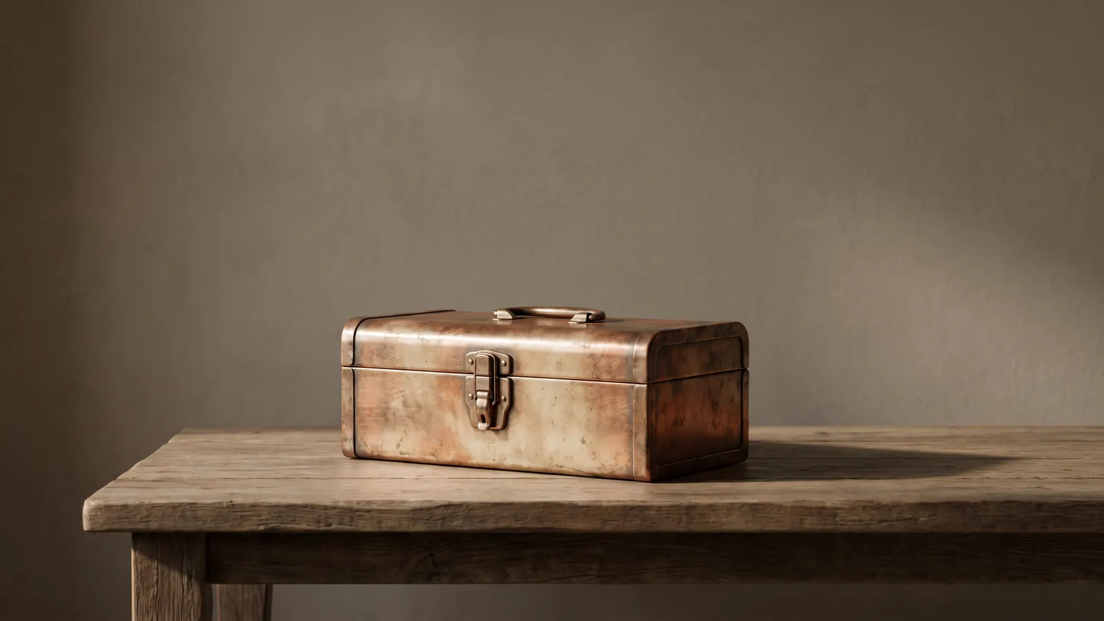A closed brass toolbox sits centred on a bare wooden table under soft warm light.