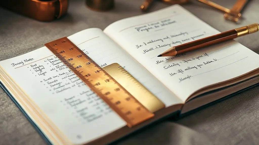 A close-up of an open notebook with handwritten project requirements beside a brass ruler and a pencil on a warm grey desk.