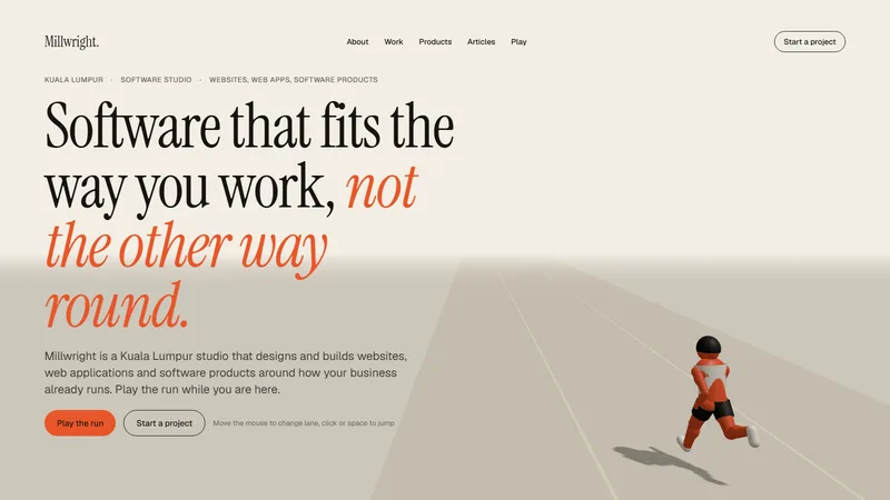 The Millwright Studio home page, showing a small figure running down a pale three-dimensional track.