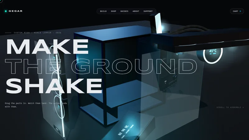 The GEGAR home page, showing an exploded PC build floating in the dark above the words Make the ground shake.