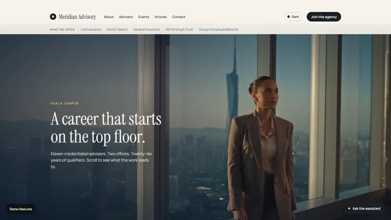 The Meridian Advisory home page, showing an adviser standing at a window above a city skyline.