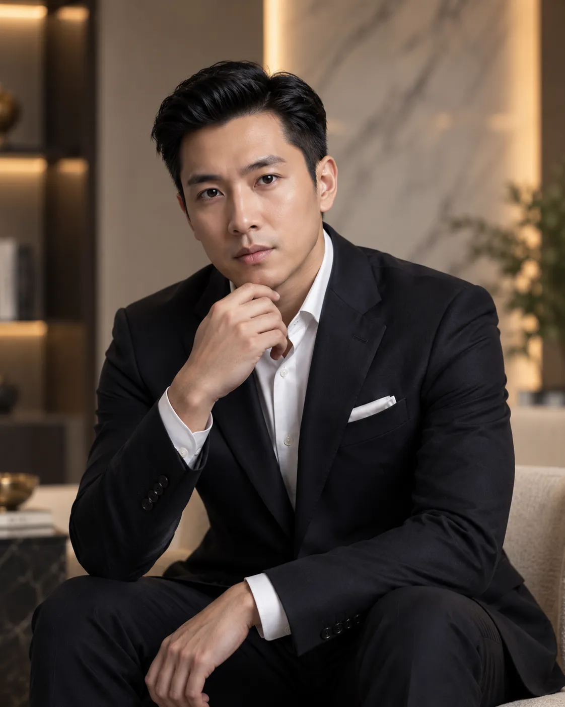 Adrien Lim seated in a dark suit, one hand at his chin, against a warm panelled wall.