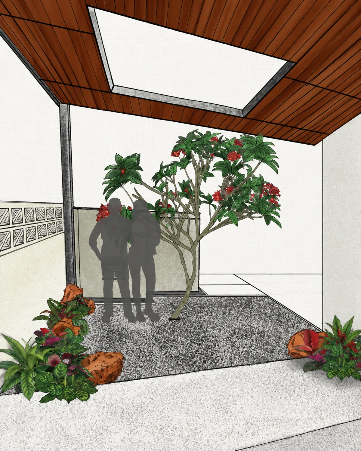 Concept drawing of a planted courtyard, shown as the before half of the comparison.