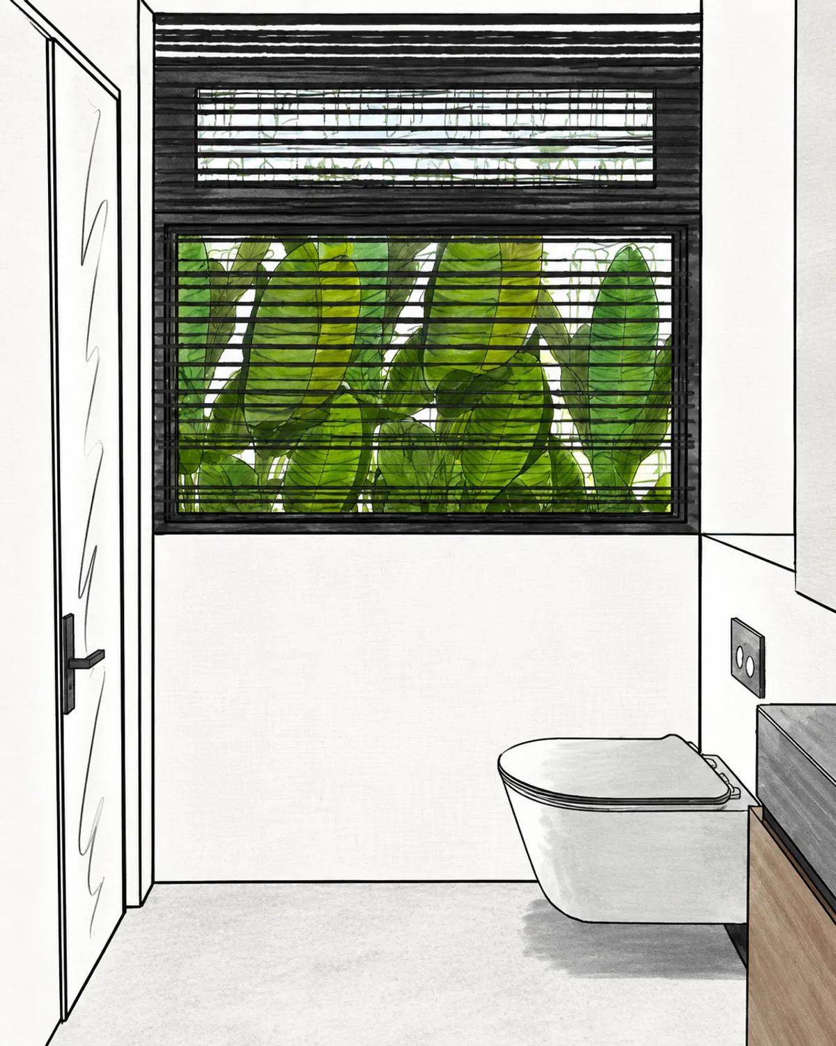 Concept drawing of a bathroom with planting at the window.