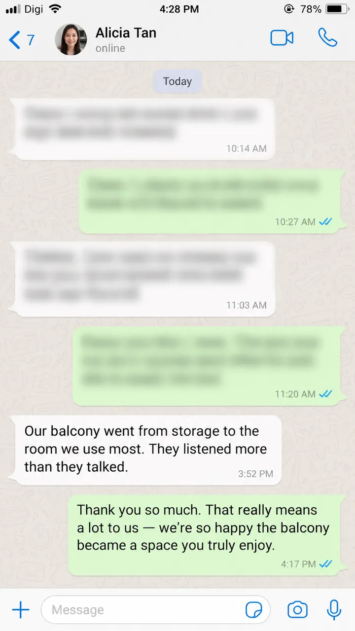 A message from a client about their balcony becoming the room they use most.
