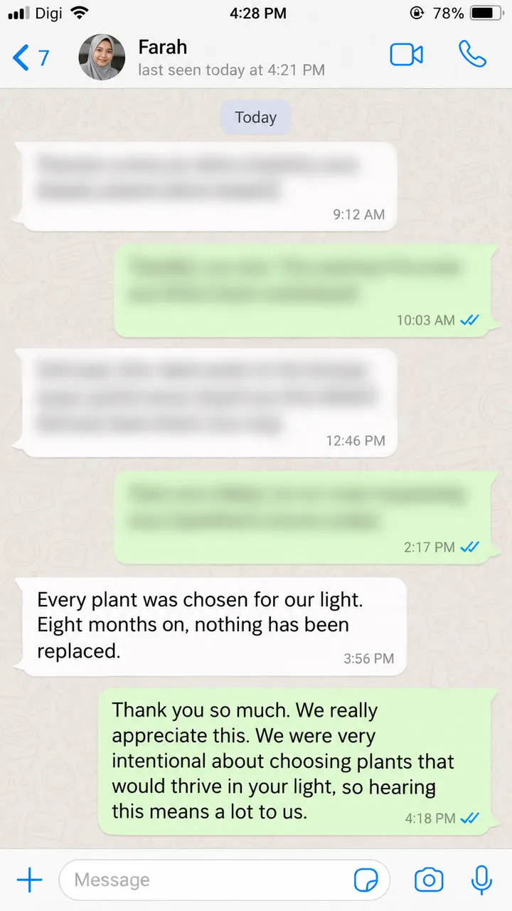 A message from a client about the planting still being intact eight months on.