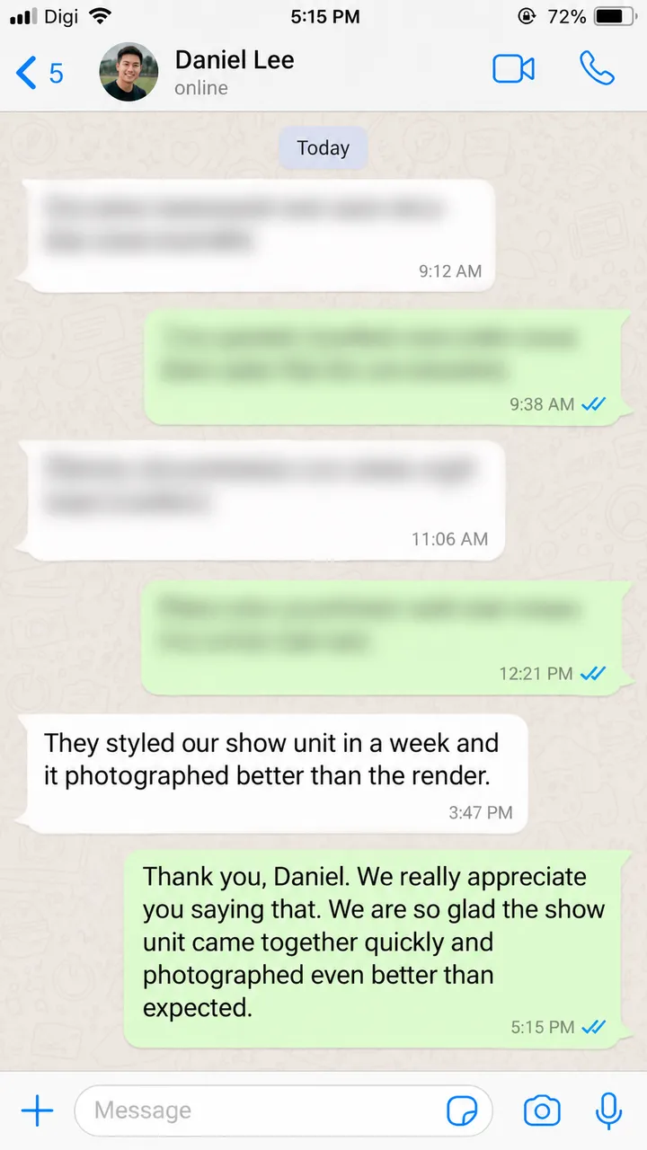A message from a developer client about a show unit photographing better than the render.