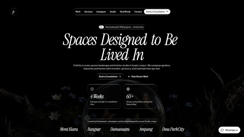 The Potfolio home page, showing a planted courtyard behind the studio name.